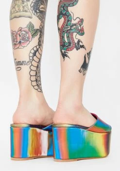 Lemon Drop By Privileged Rainbow Lenox Holographic Platform Sandals Platforms
