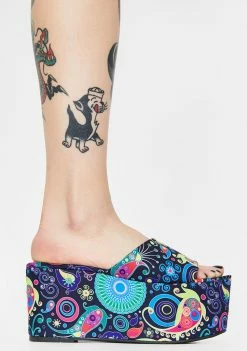 Lemon Drop By Privileged Platforms Navy Paisley Lenox Platform Sandals