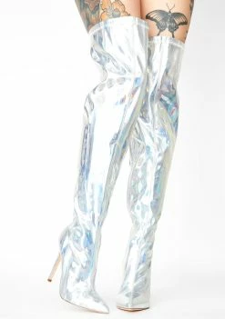Lemon Drop By Privileged Boots & Booties Silver Feather Thigh High Boots