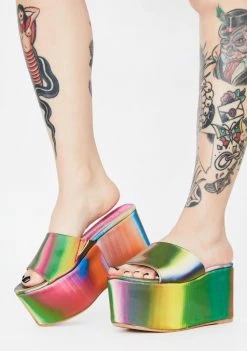 Lemon Drop By Privileged Rainbow Lenox Holographic Platform Sandals Platforms
