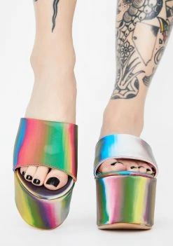 Lemon Drop By Privileged Rainbow Lenox Holographic Platform Sandals Platforms