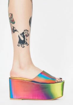 Lemon Drop By Privileged Rainbow Lenox Holographic Platform Sandals Platforms
